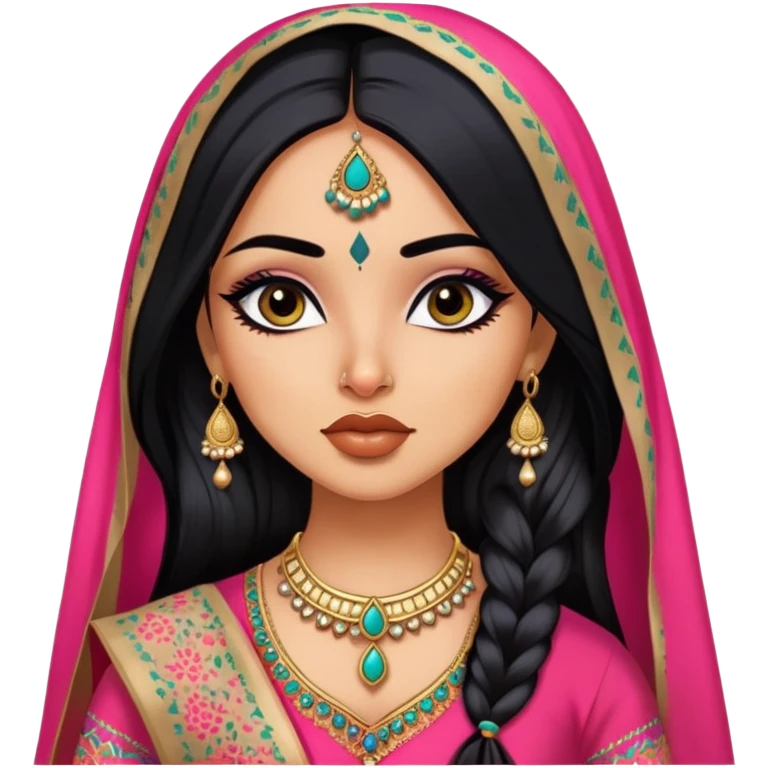 Indian nose, pretty lips, indian  clothes, medium skin,  long black hair, dupatta, pretty bratz baddie, black eyeliner emoji