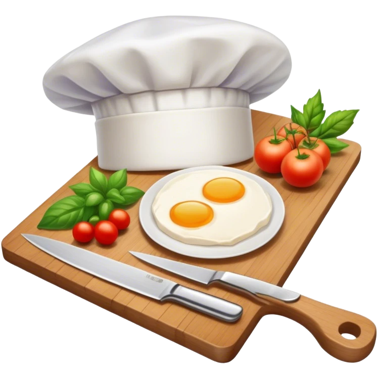 A photorealistic icon featuring a chef's hat, a cutting board with fresh ingredients, a knife, and a plate with a well-plated dish. Bright, detailed design with realistic textures and lighting. Transparent background, clearly symbolizing cooking and culinary arts. emoji