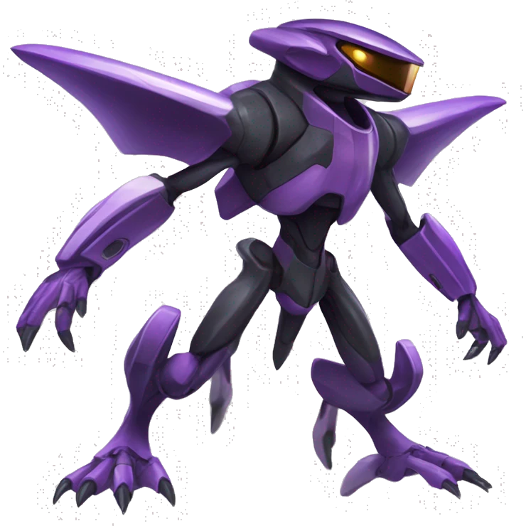 a shiny black-purple Genesect-Raptor-Fakémon—hybrid with a futuristic visor-helmet full body emoji