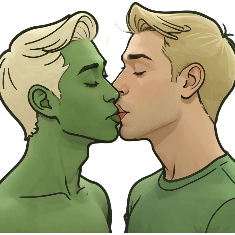 two guys kissing one is blonde and white the other is tan and brunette emoji