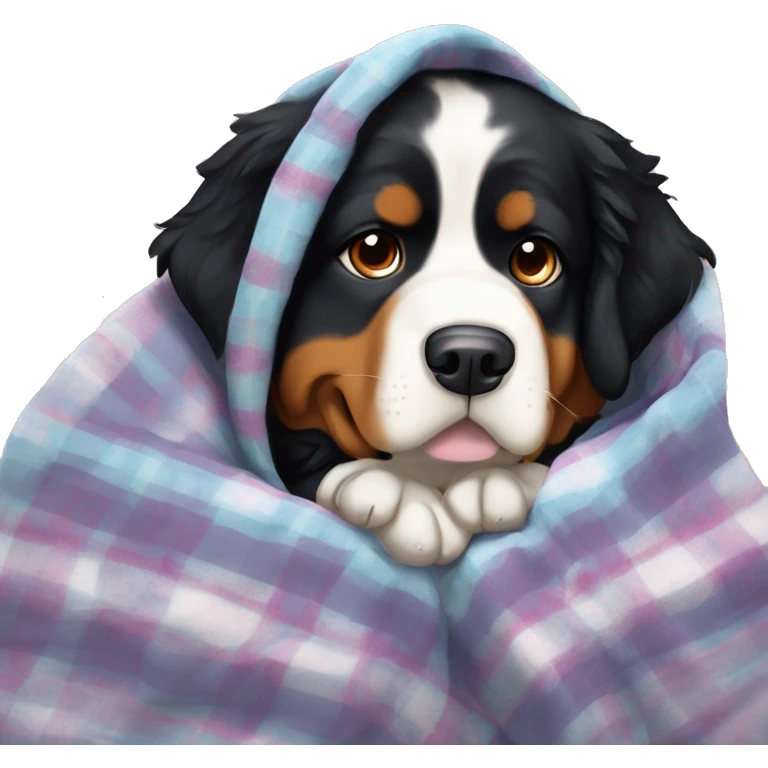 bernese mountain dog with a bow on her head snuggled up in a blanket emoji