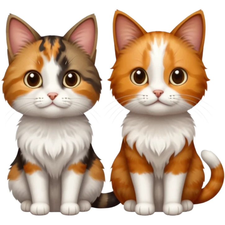 3 different coloured small cats including a dark brown tabby and white, and a patchy calico, and a ginger and white emoji