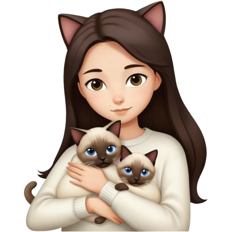 a girl with long dark brown hair, in a white sweater, hugs a Siamese cat emoji