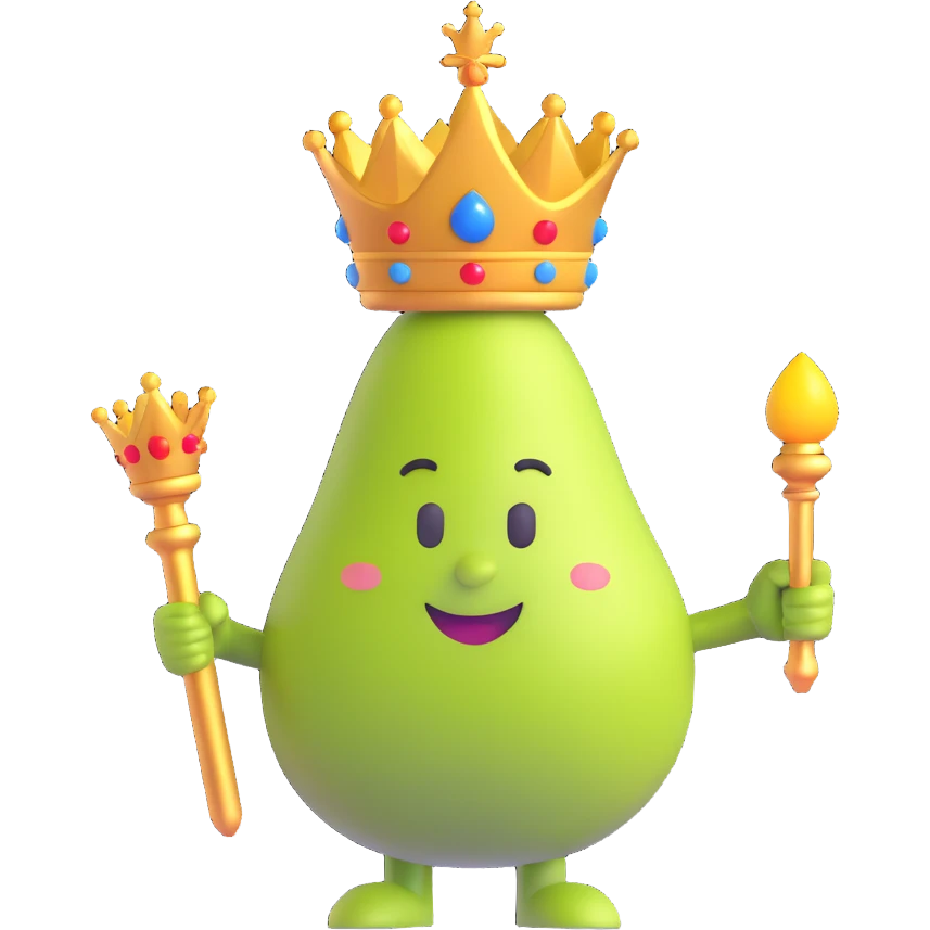 royal pear with a crown, elegant and regal, fun emoji style, holding a scepter emoji