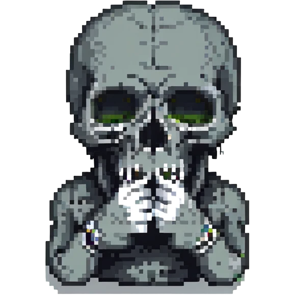 skull making a shushing gesture, finger to mouth, expressive face, pixel art style emoji