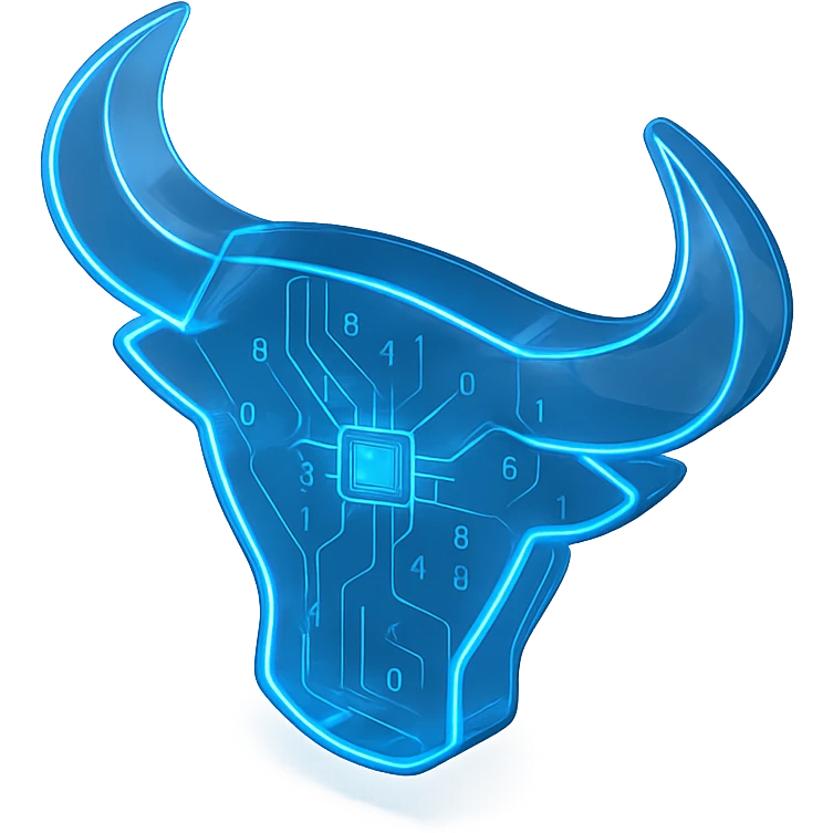sleek futuristic bull head logo with blue neon glow, digital circuit style emoji