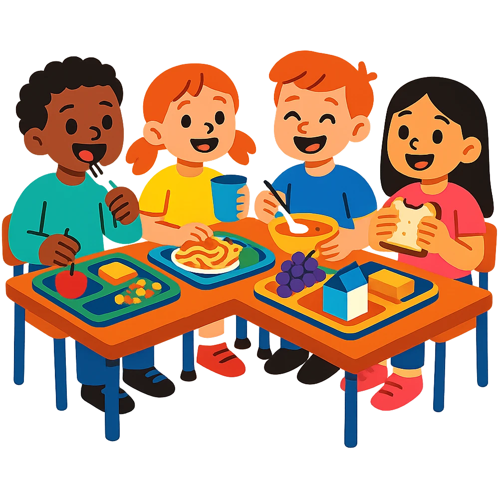 a group of kids eating together at a school table, cheerful style emoji