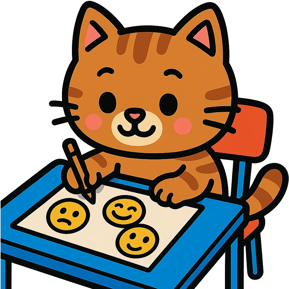cute cartoon kitty sitting at a desk, drawing emoji faces emoji