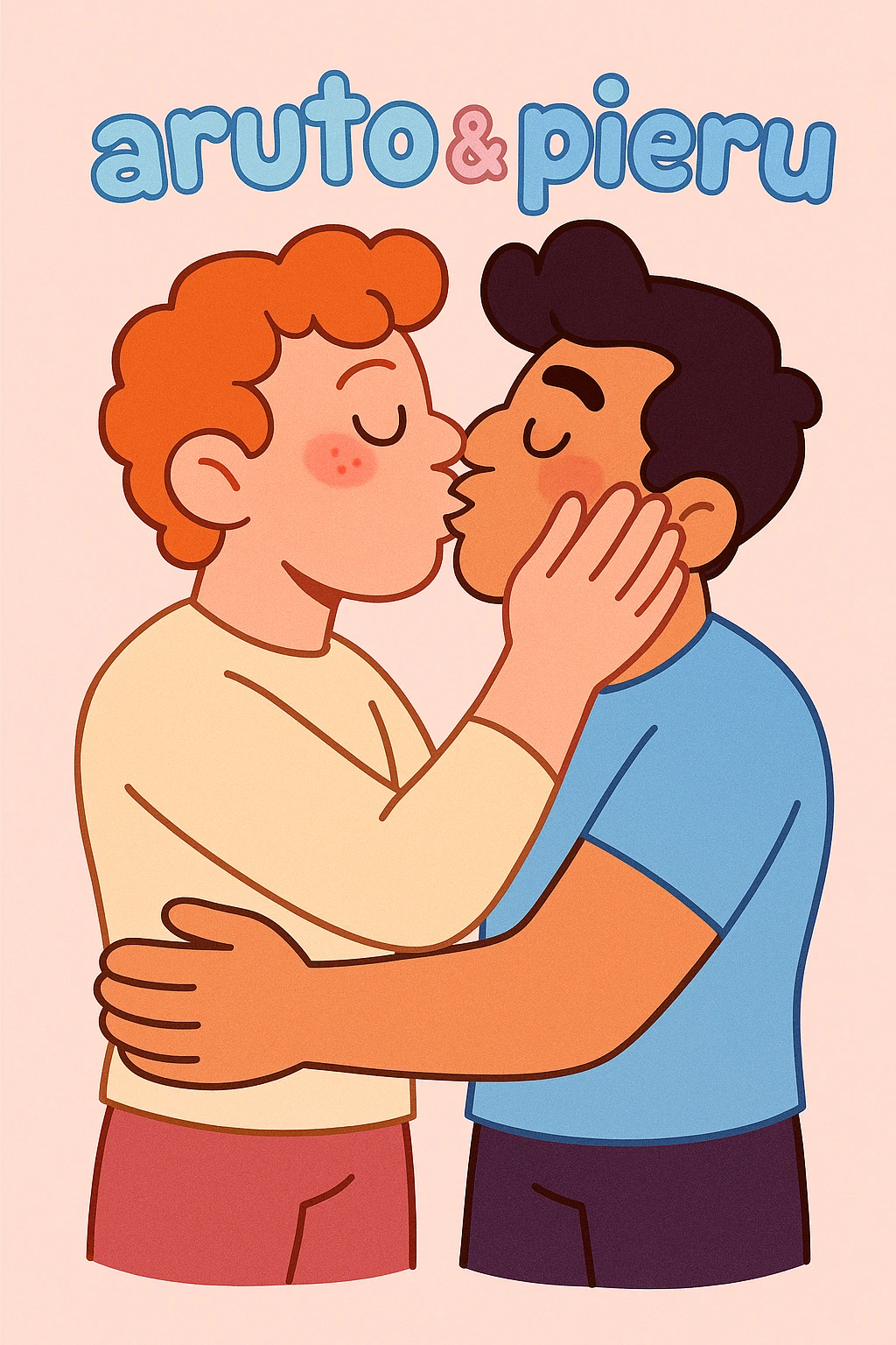 a gay couple kissing, with 'aruto & pieru' written above, in a soft pastel cartoon style emoji