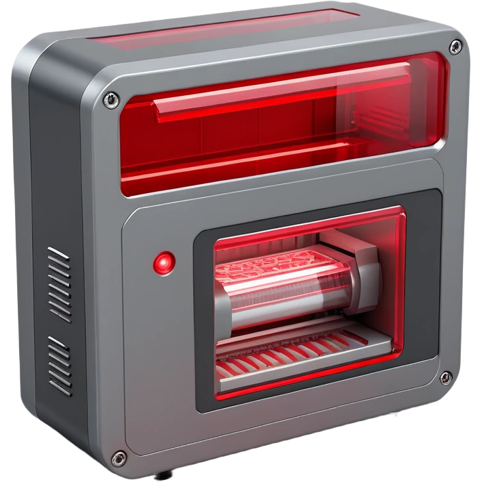 3D render of a compact processing machine, printer-like design:
- Rectangular industrial device with clean edges
- Red transparent window/panel on the front showing mechanical movement inside
- Small metallic gray gears visible through the window
- Red LED status lights on the top panel
- Subtle ventilation grids on the sides
- Minimal metallic gray housing
- Small red glowing details between panels
- Technical/industrial finish with slight reflection
- Modern, clean aesthetic like a high-tech printer
- Subtle red glow emission from internal mechanisms
--ar 1:1
--style raw
--v 5.2
--no text
--q 2
--c 20 emoji
