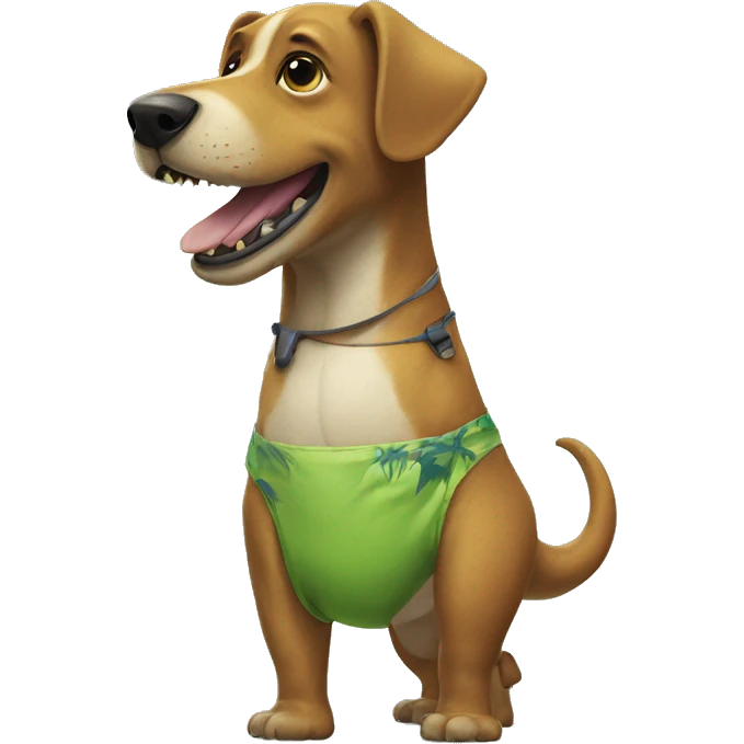 a dog taking a dinosaur on a walk in a bathing suit emoji