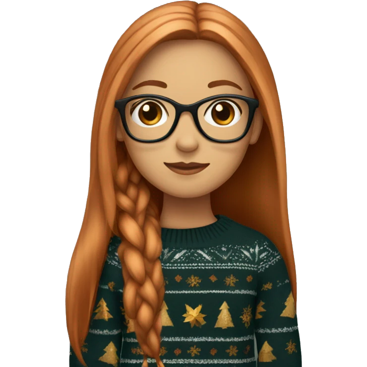 Pretty girl with long copper straight hair with black glasses and a christmas sweater emoji