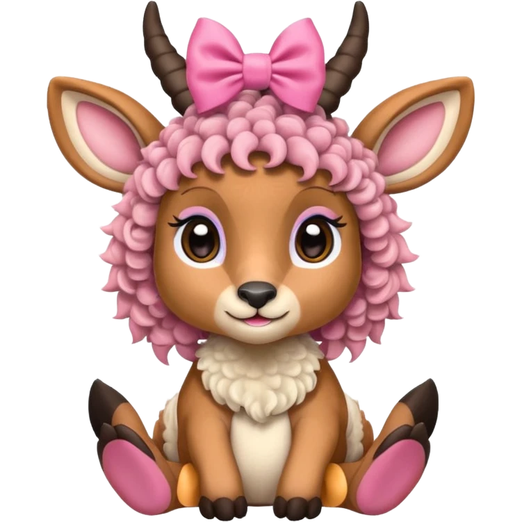 cute gazzelle with curly fur, sitting down, wearing a pink bow on its head. Realistically  emoji