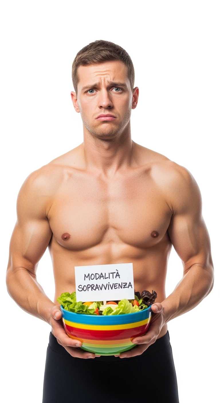 bodybuilder molto stanco e stressato con un insalata in mano, nell'insalata c'è un cartello con scritto "MODALITà SOPRAVVIVENZA", ISOLATO SU SFONDO BIANCO emoji