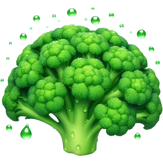 Cinematic lush green broccoli, detailed florets glistening with dewdrops, ultra-fresh and vibrant, soft glowing background, healthy and delicious. emoji
