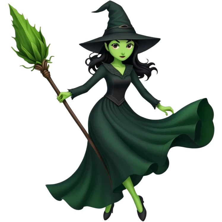 Elphaba flying on a broom emoji