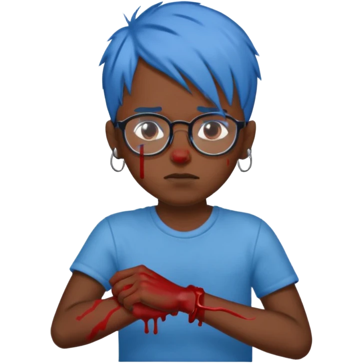 draw a black boy with glasses and blue hair cutting his wrist while bleeding not crying blood and with a neutral peaceful expression on his face emoji