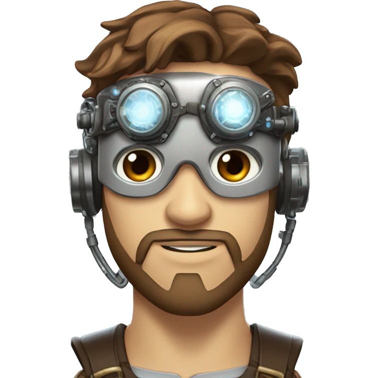male cyborg head with brown short hair, brown beard, silver steampunk goggles and circuitry emoji