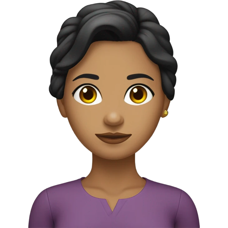 Piel morena,cabello negro bajo los hombros, ojos verdes, cara redonda nariz ancha pero no tanto, delgada  emoji