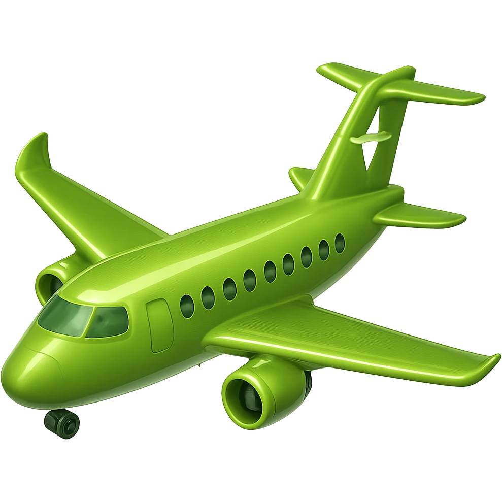 Make the light green airplane look like the glossy green cube in the reference image, keep one turbine on each wing, no background, in the style of apple emojis. emoji