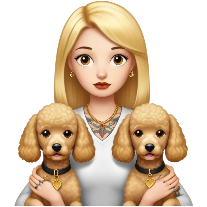 a  girl with glod  straight hair and tattoos and two poodle dogs emoji