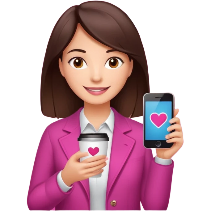 Social media manager. She has dark brown hair, brown eyes, a friendly smile. She is holding a smartphone and a coffee cup. Include subtle marketing elements like small icons of hashtags or a speech bubble with a heart, instagram logo. Use vibrant colors with a focus on pink and fuchsia tones. emoji