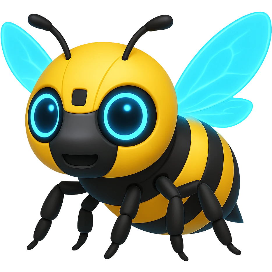 Create a robotic bee with blue translucent energy wings in the style of apple emojis, focusing on concise and clear emoji style representation. emoji