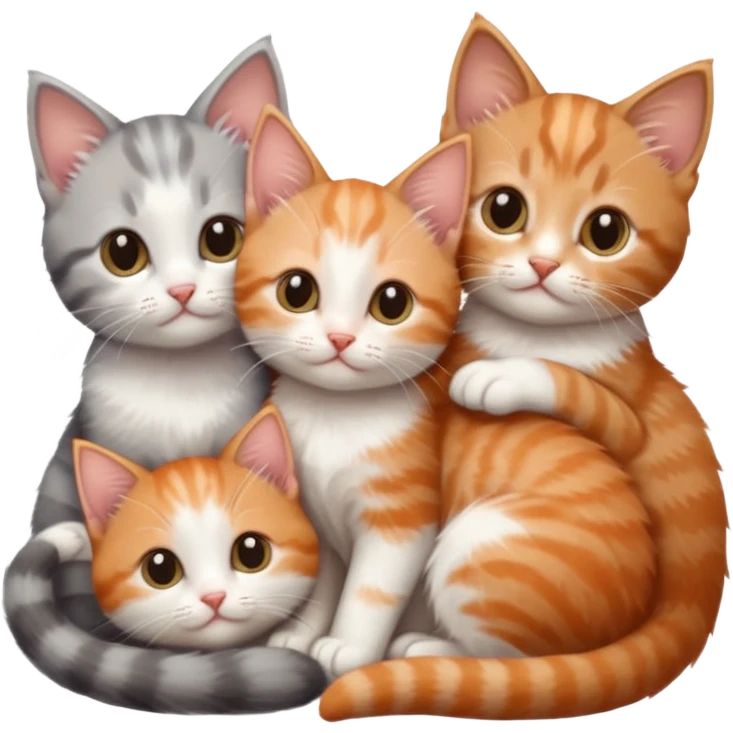 3 tiny kittens cuddling together all different colours, the first one is grey and white, the second is ginger and white and the third is brown tabby and white emoji