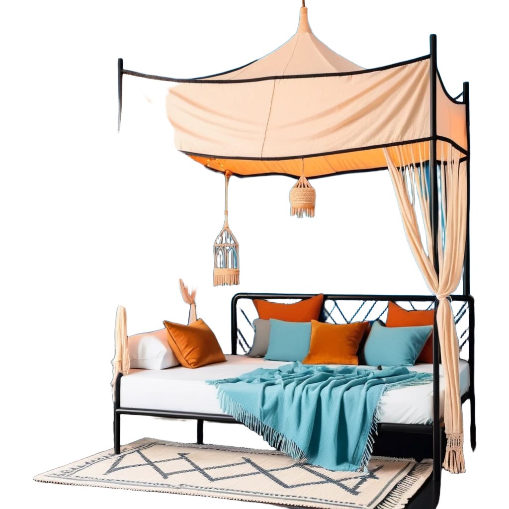 cozy boho bedroom with canopy bed, macramé wall hangings, and warm lighting emoji