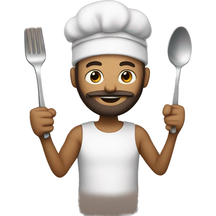 My bitmojie holding a fork and spoon with a beard emoji