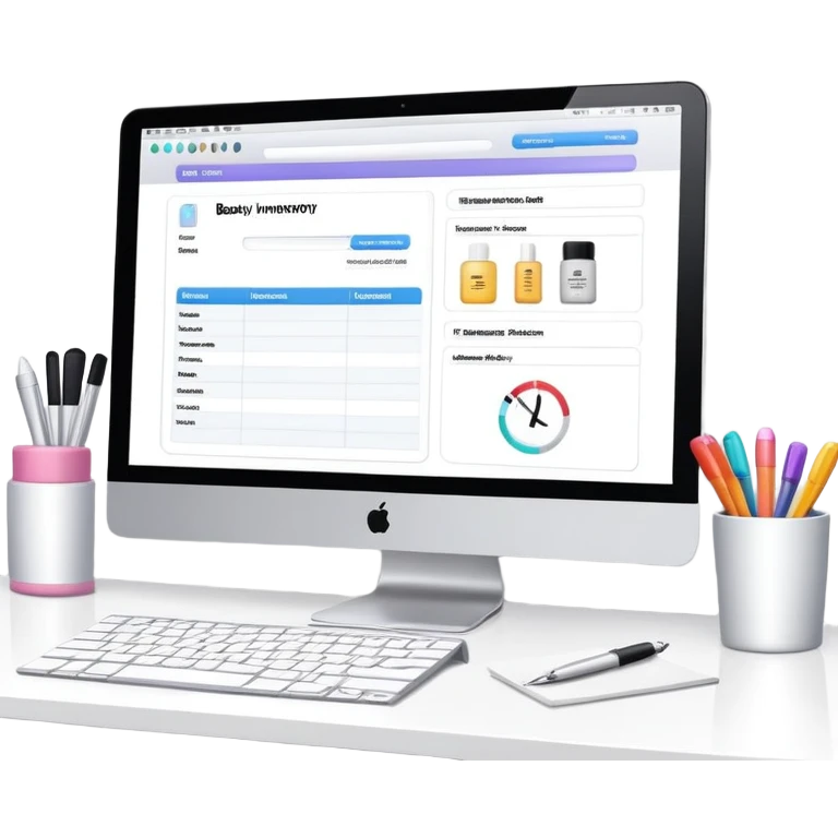 beauty salon inventory dashboard on iMac with notebook and pen nearby emoji