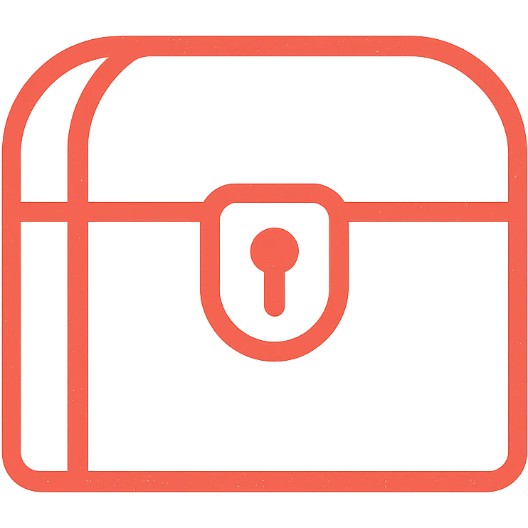 an extremely minimal red treasure chest with just the essential outline and very few details, mostly transparent with thin red lines, only about 30% red coverage, subtle weathered effect on the edges emoji