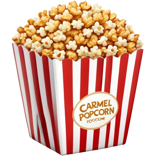 caramel popcorn in a large red and white vertically striped package, thick bold stripes, golden brown caramel popcorn, minimalist design, no text or additional elements on package, only thick red and white stripes pattern, glossy iOS emoji style emoji