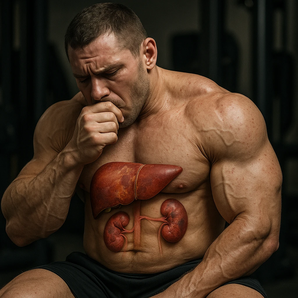  bodybuilder che fa dosaggi a caso di steroidi, e quindi sta male, iper realistica , fai fegato e reni in evidenza emoji