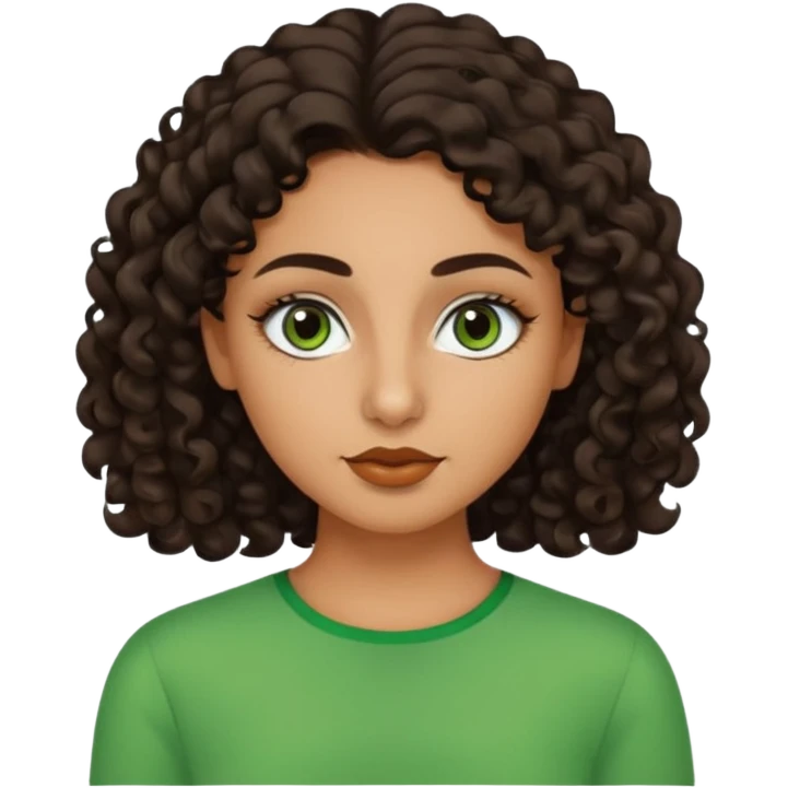 Create a zombie emoji inspired by a young woman with tanned skin, an oval face, large dark eyes, defined eyebrows, a small nose, and medium lips. Her hair should be long, curly, and dark brown. make a green skin like a zumbie original emoji emoji