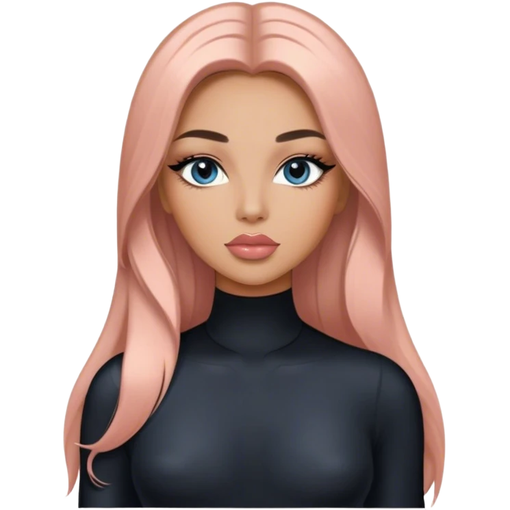 Glamours, tanned, very beautiful girl, with big pump peach-beige-rose lips, long long lashes, black straight smooth silky long hair, straight parting hair, blue-grey eyes in black long-sleeves bodysuit emoji
