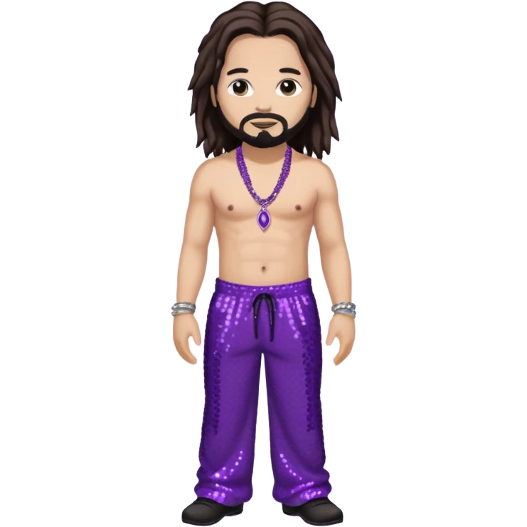 Jonathan Davis with purple sequin baggy pants, shirtless with necklace, long dark brown hair, light skin emoji