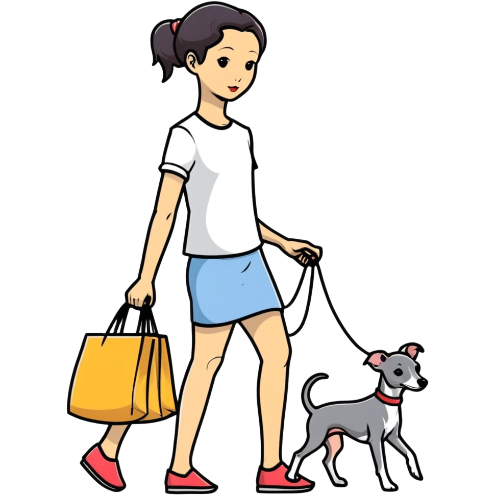 Pretty Asian girl with attractive features walking an all grey Italian greyhound with no white nose emoji