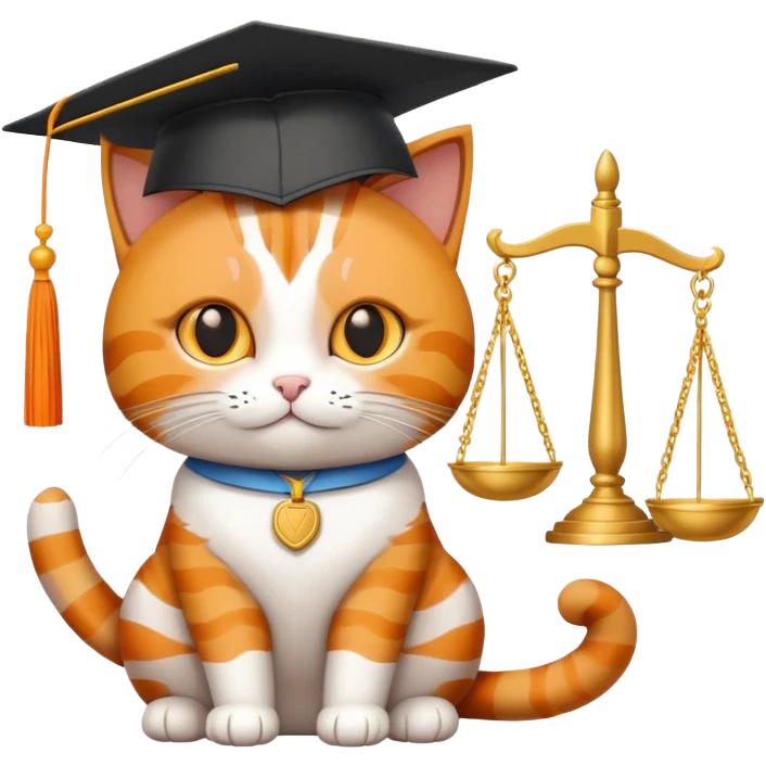 cat with a graduation cap, scales of justice beside it emoji