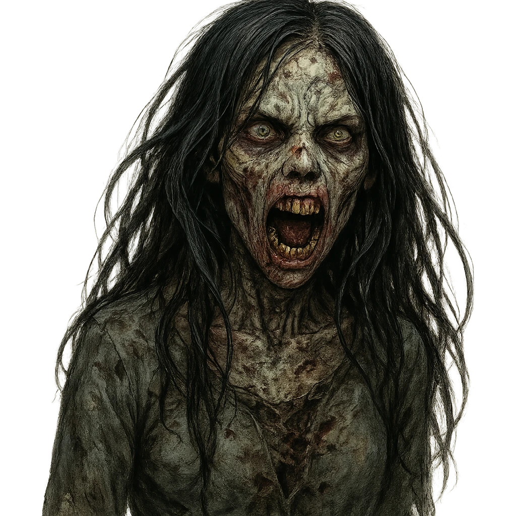 girl zombie with black long hair, mouth open showing teeth, variation, detailed and menacing emoji