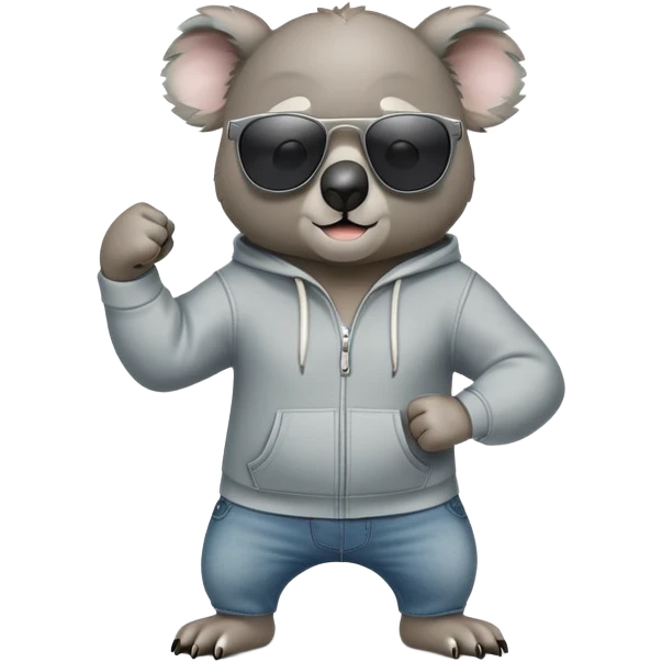 anthropomorphised koala, full body, wearing a hoodie and jeans, dark sunglasses, shaking fist emoji