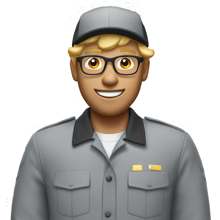 blonde wavy  short hair man with acne and glasses in mcdonald’s uniform and wearing mcdonald hat emoji