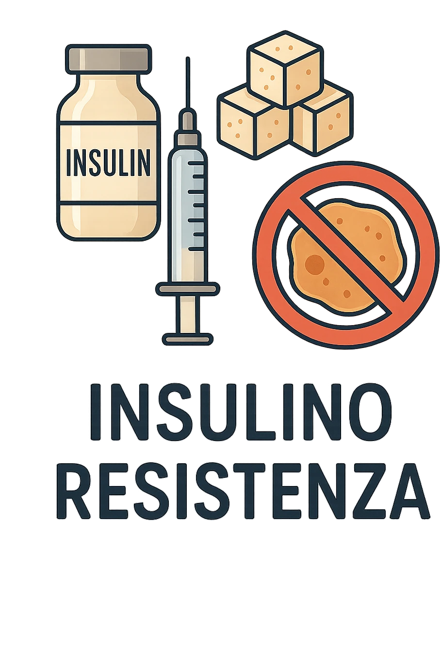 Create a realistic and clear icon of insulin resistance with no background and a 2:3 aspect ratio. Insert the Italian text 'Insulino Resistenza'. The symbol should include insulin, glucose, and a cell with a block or resistance sign, in a clean style. emoji