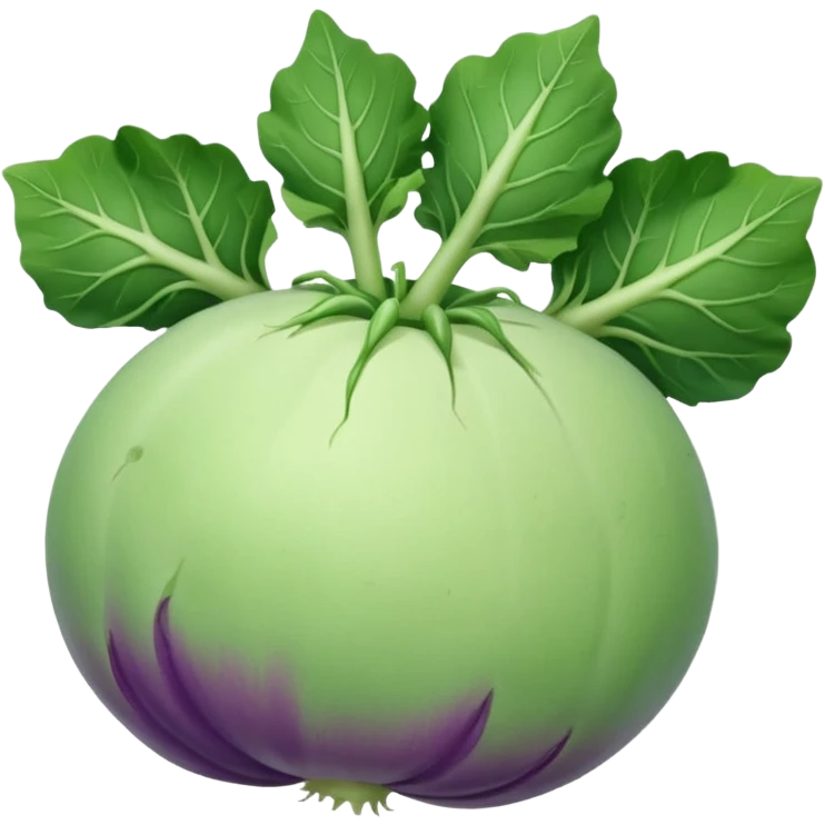 whole kohlrabi, round, slightly flattened, smooth pale green or light purple skin, a few short leafy stems at the top, firm with gentle bumps and faint lines, soft lighting, emoji scale emoji