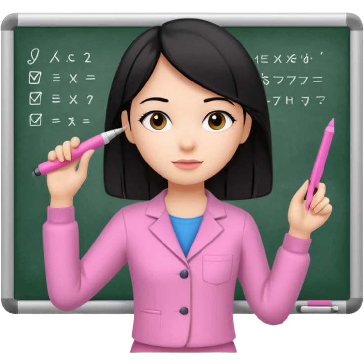 a girl with black straight like hair wearing pink not hot pink 2 piece set teaching up on a board emoji