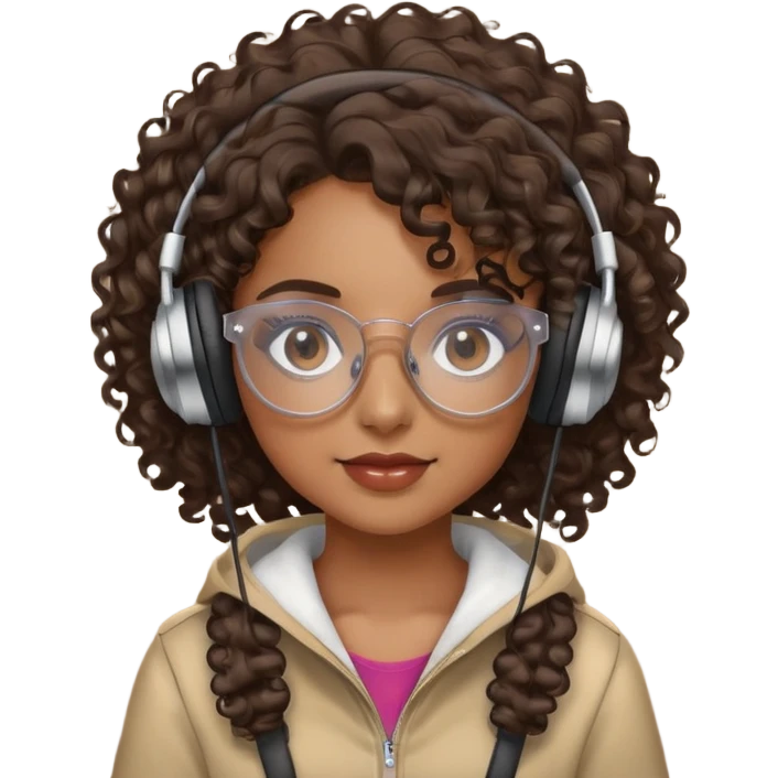 Chica morena con cabello crespo, con lentes transparentes y que tenga los ojos cafés oscuro. Y con unos audífonos en las manos. emoji