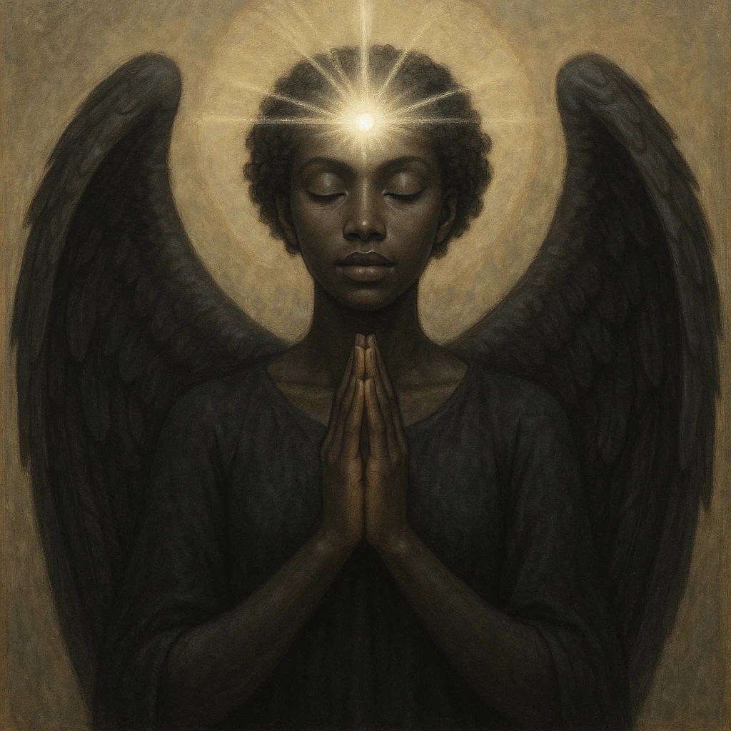 a serene black angel with hands together in prayer, radiant third eye emitting light emoji