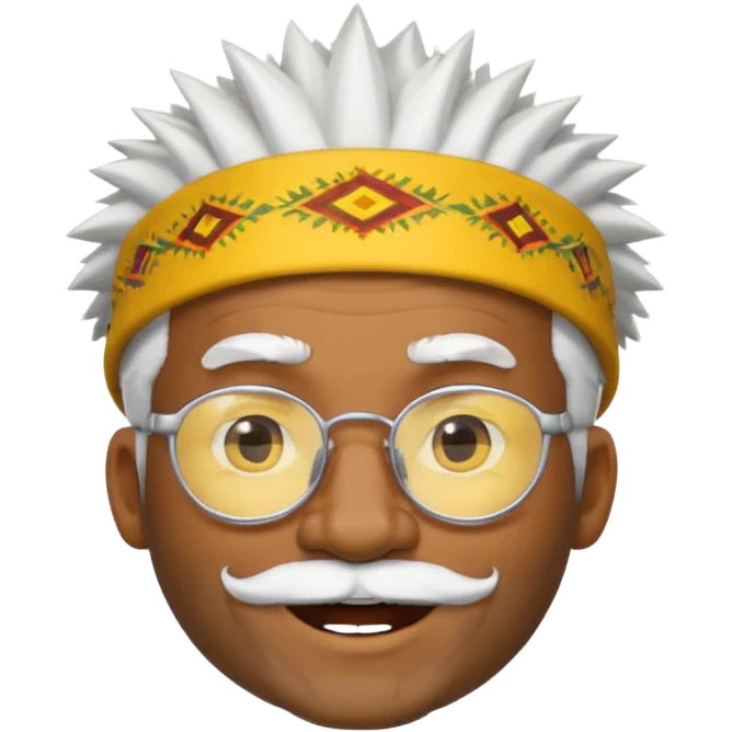 50 year old man, spiky hair, winking one eye, smiling brightly, black skin, raised eyebrows, wearing glasses, white hair and beard, wearing a yellow hat like a tribal chief, emoji style, style 4 emoji
