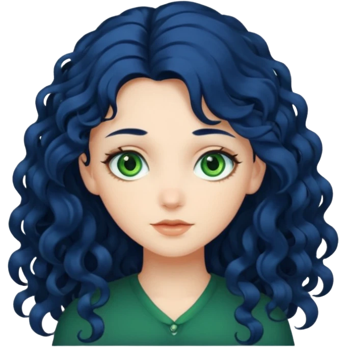 Girl with long  curly dark blue hair, green eyes, and very fair skin. emoji