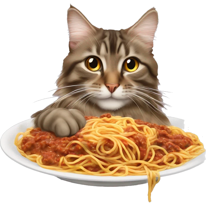 brown tabby long hair maine coone eating spaghetti bolognaise  emoji